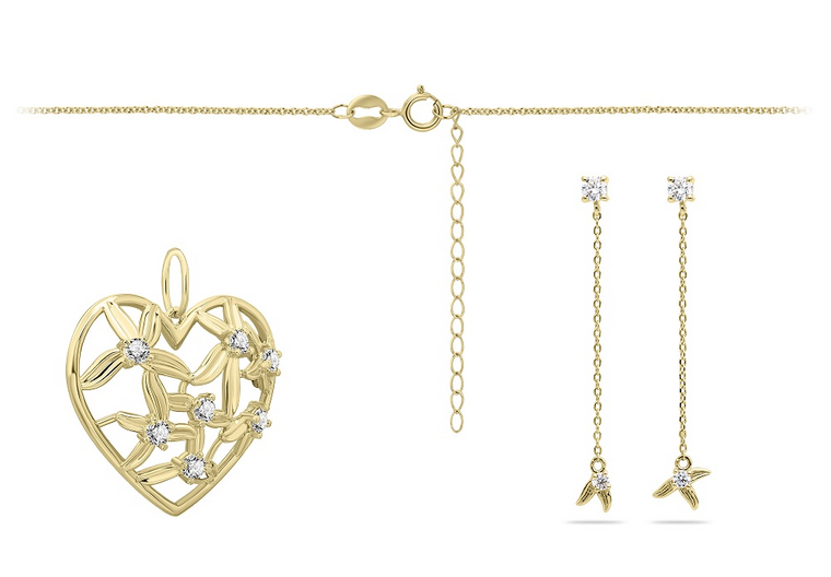 Bruiddsieraden set 14 karaat goud hart bloemen en zirkonia's