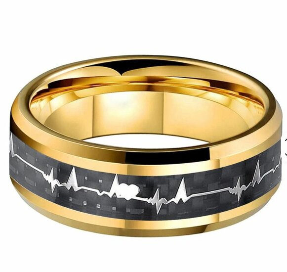 Ring wolfraamcarbide zwart &amp; gold plated hartslag model 59