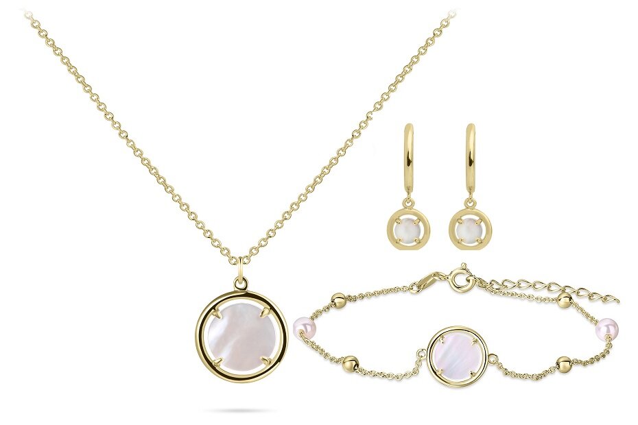 Set 14 karaat goud witte parel edelsteen | halsketting + armband + klap oorbellen