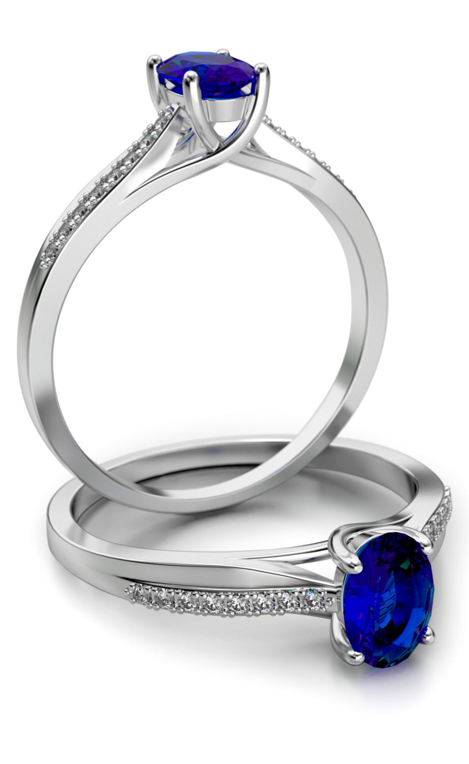 Aanzoeksring 14 karaat witgoud met saffier en diamanten model 18