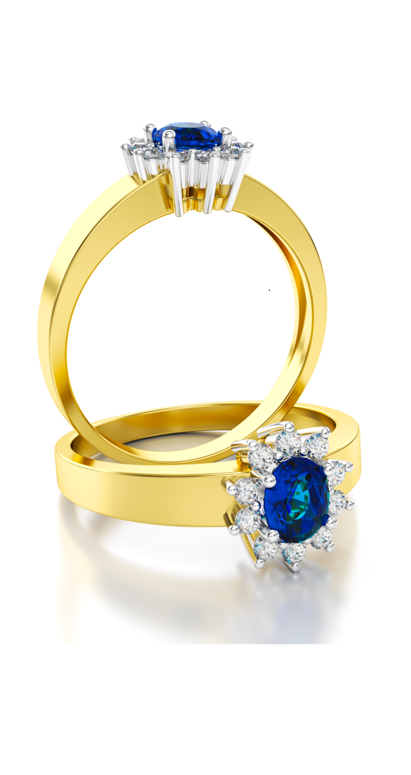 Aanzoeks verlovingsring 14 karaat geelgoud met saffier en diamanten model 05