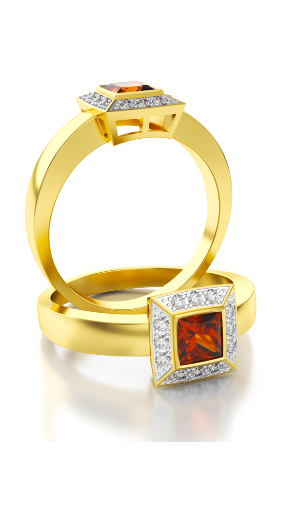 Aanzoeks verlovingsring 14 karaat geelgoud met granaat steen en diamanten model 17