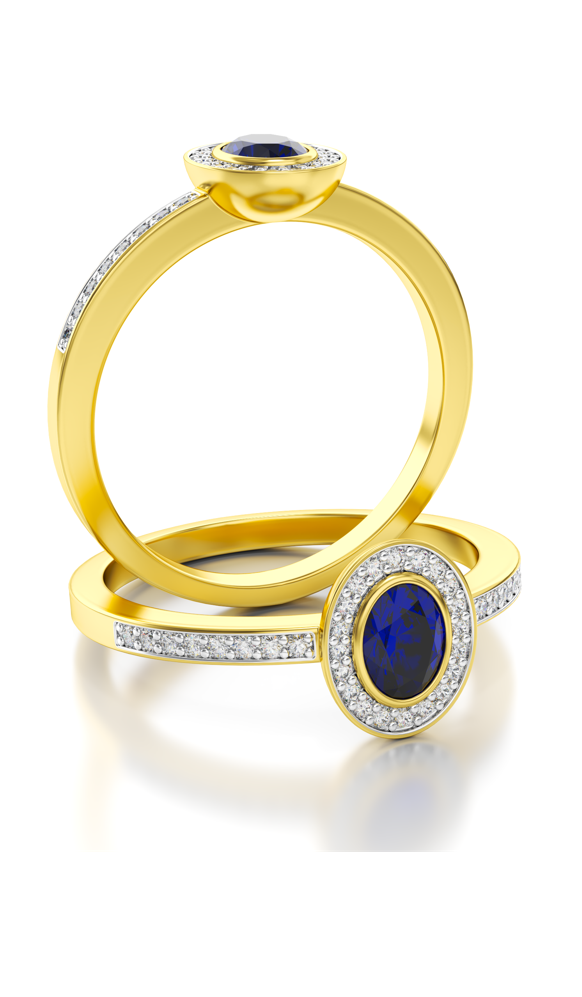 Aanzoeksring verlovingsring 14 karaat geelgoud met saffier en diamanten model 12