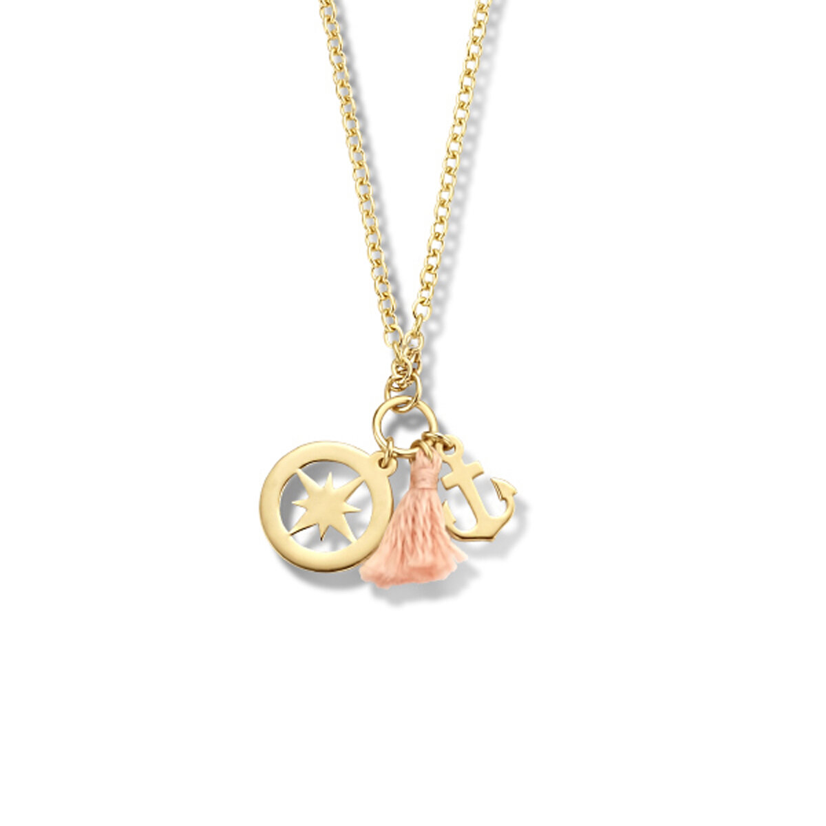 Halsketting  gold plated hangers anker, ster en kwastje model AO