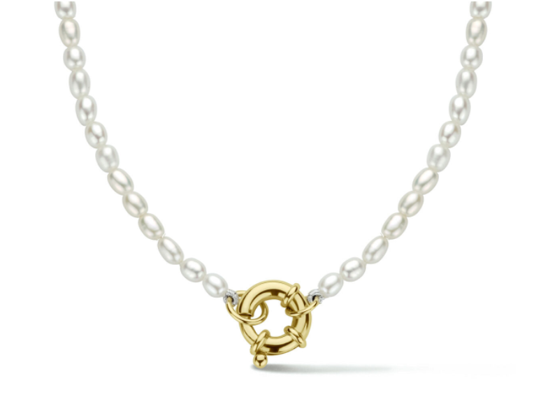 Halsketting 14 karaat goud parel groot springslot model 6T