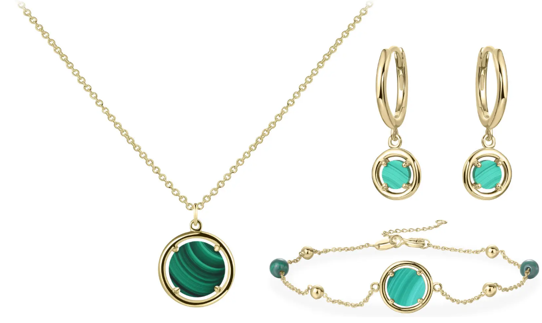 SET :  halsketting + armband + klapoorringen 14 karaat goud groen malachiet