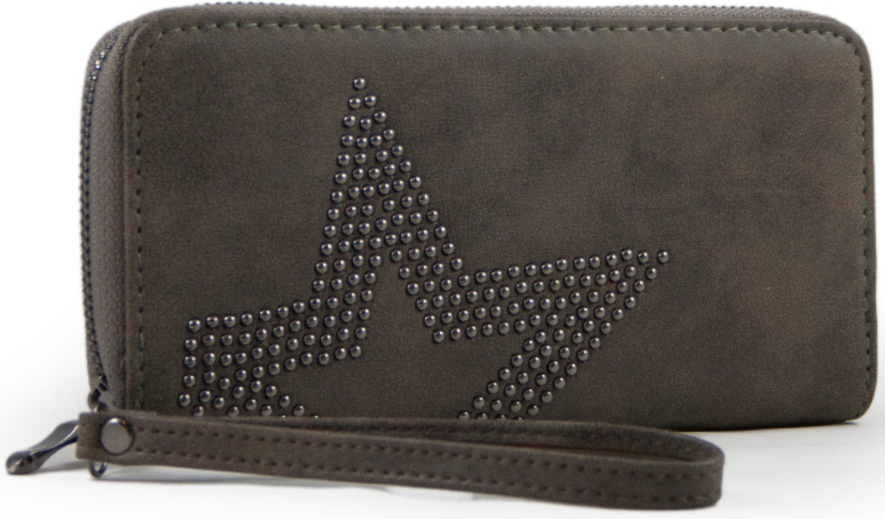 Portemonnee donker taupe studs 19  x 10 cm.