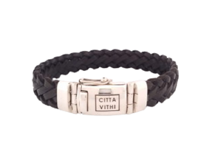 Zilveren Bruin Leren CITTA VITHI Buddha armband model 16