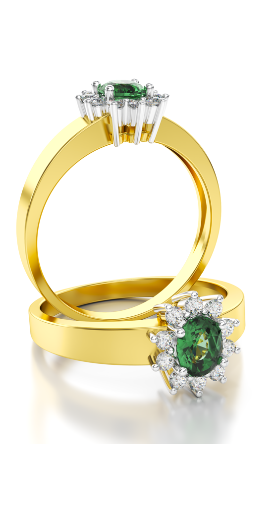 Schitterende Aanzoeksring 14K Geel Goud met Emerald en Diamanten MODEL 06