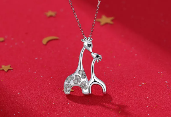 Schitterende Zilveren Halsketting met Hanger Giraffe Mama en Kind (model KA)