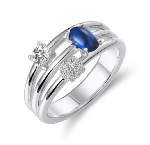 Schitterende Zilveren Brede Stapel Ring met Ovaal Blauwe Steen en Zirkonia 's model 274