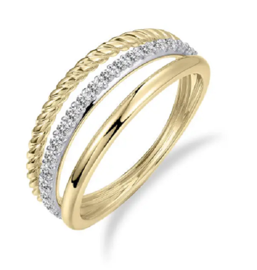 Schitterende 14 karaat gouden brede 3 bands ring met transparante briljantjes model 277